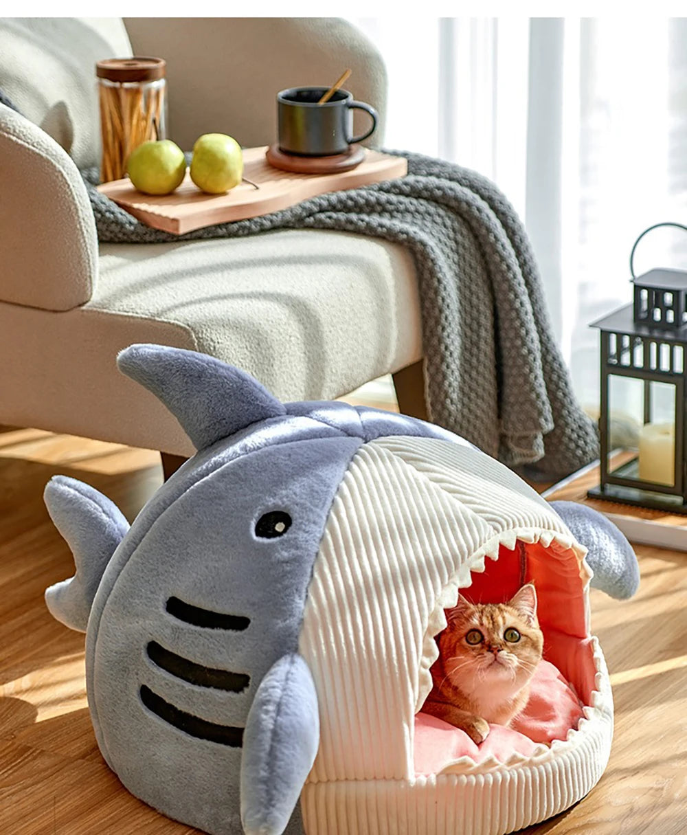 Winter Warm Pet Beds Shark Cat Mat Semi-Closed Pillow Puppy Nest Thicken Kittens Basket Cushion Pillow Mat Dogs Cats House Goods - Play Paws Toys