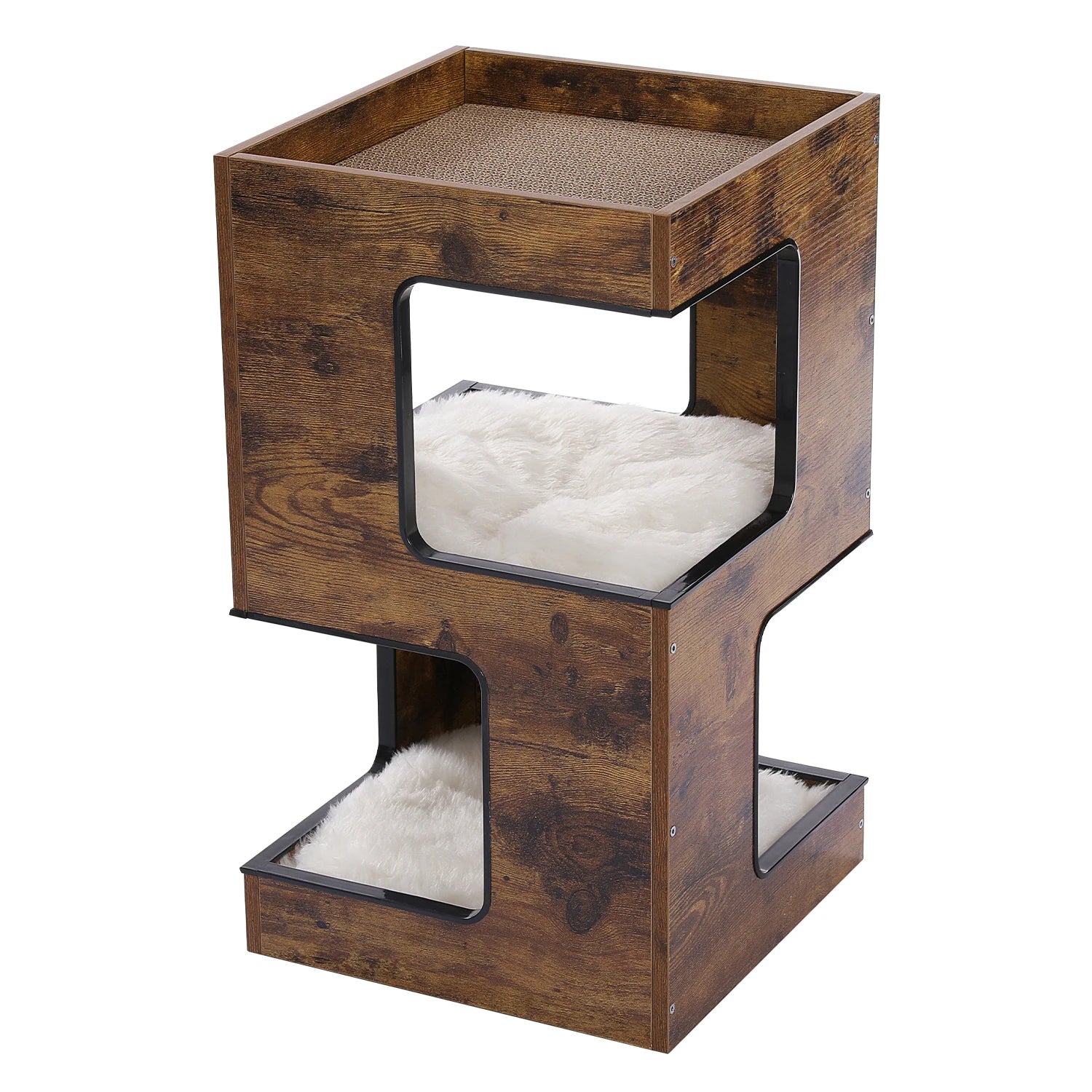 Wood Cat Condo House Bed with Removable Soft Mats Modern Cat Tree Tower with Scratching Pad Cat Scratcher Furniture Kitten Toys - Play Paws Toys