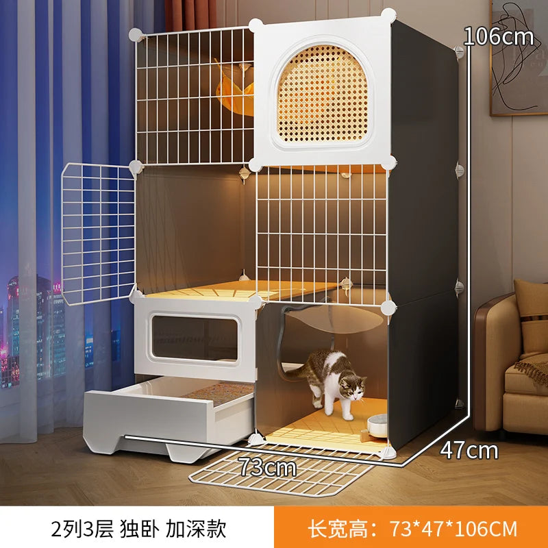Large Cat Cages with Bed & Litter Box Indoor Multi-Level Cat House Spacious 3-in-1 Pet Villa Roomy Playpen with Resting Area - Play Paws Toys