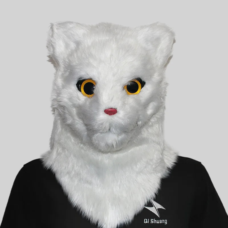 Movable Mouth Cat Head Mask Animal Latex Cute Helmet  Artificial Fur for Halloween Costumes Party Props Adult Size
