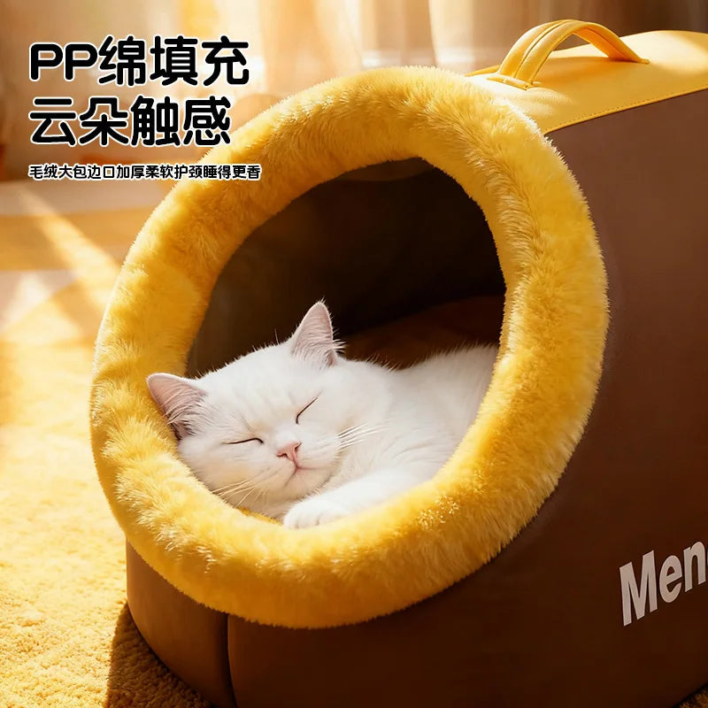 Winter Closed Cat Bed Leather Handheld Pet Bed Small Dog Bed Thickened and Fleece-Lined Warm Cat Sleeping Mat - Play Paws Toys