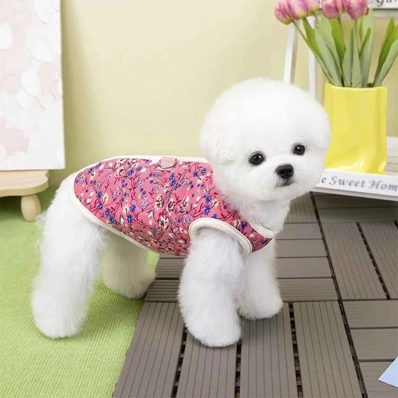 Winter Dog Jacket Floral Print Vest Coat Chihuahua Bichon Warm Clothing Puppy Outdoor Jacket With D-ring Winter Pet Costume