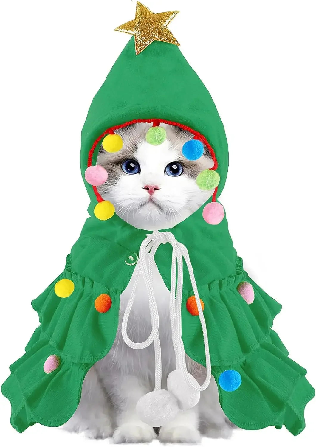 Cat Christmas Outfit Green Pet Cloak with Hat Star Pompoms Puppy Cape Clothes Tree Elf Costumes Party Pet Supplies Accessories - Play Paws Toys