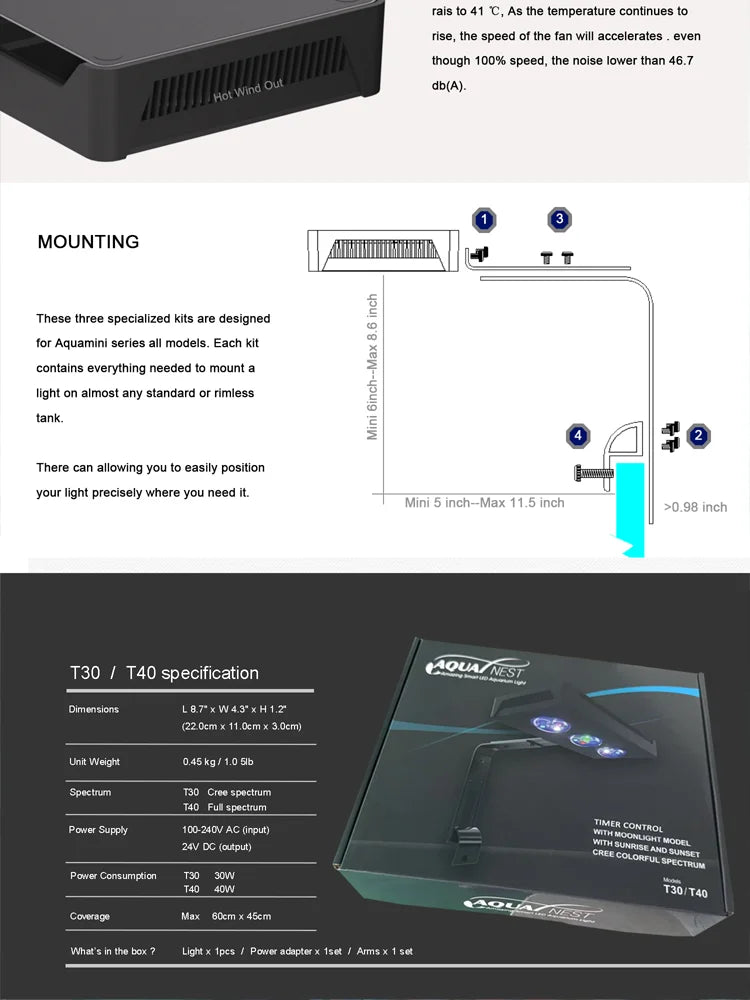 AQUANEST LED Aquarium Light T30/40/60 CREE Full Spectrum Intelligent Temperature Marine SPS LPS for Coral Reef Fish Tank