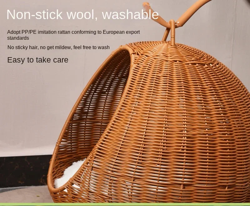 Semi-enclosed Pet Hammock Hanging Cat Nest Round Rattan Cat Cage Cat Bed with Plush Cushion Pet Cradle Bed Cat Accessories - Play Paws Toys