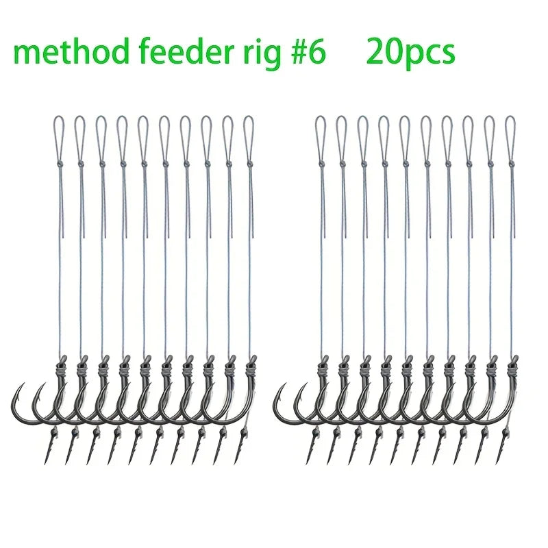 10/20pcs Method Feeder Rigs with Barbed Spike and 8 Braided Line,High-strength Barbed Fish Hook Size6 8 10 12 14,Feeder Fishing