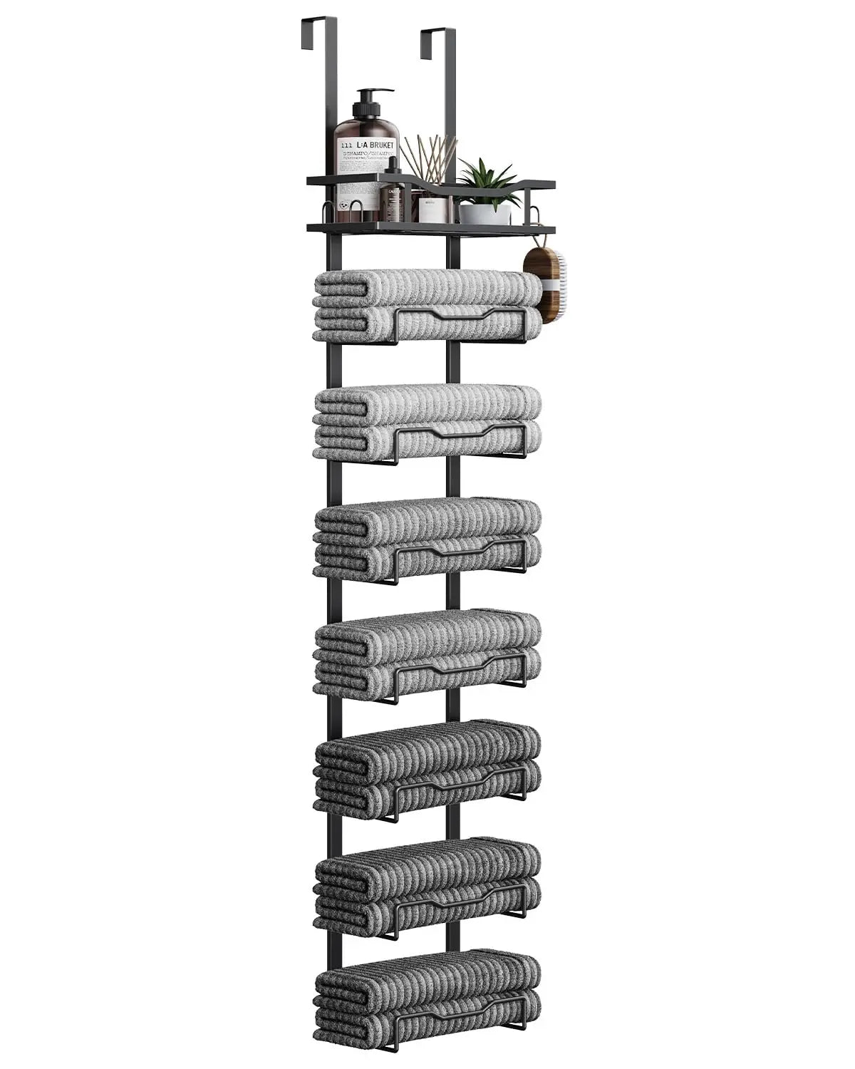 Hanging Towel Racks For Bathroom No Drill - 6-Tier Over The Door Bath Towel Storage Organizer For Small Bathrooms - Tiered Back
