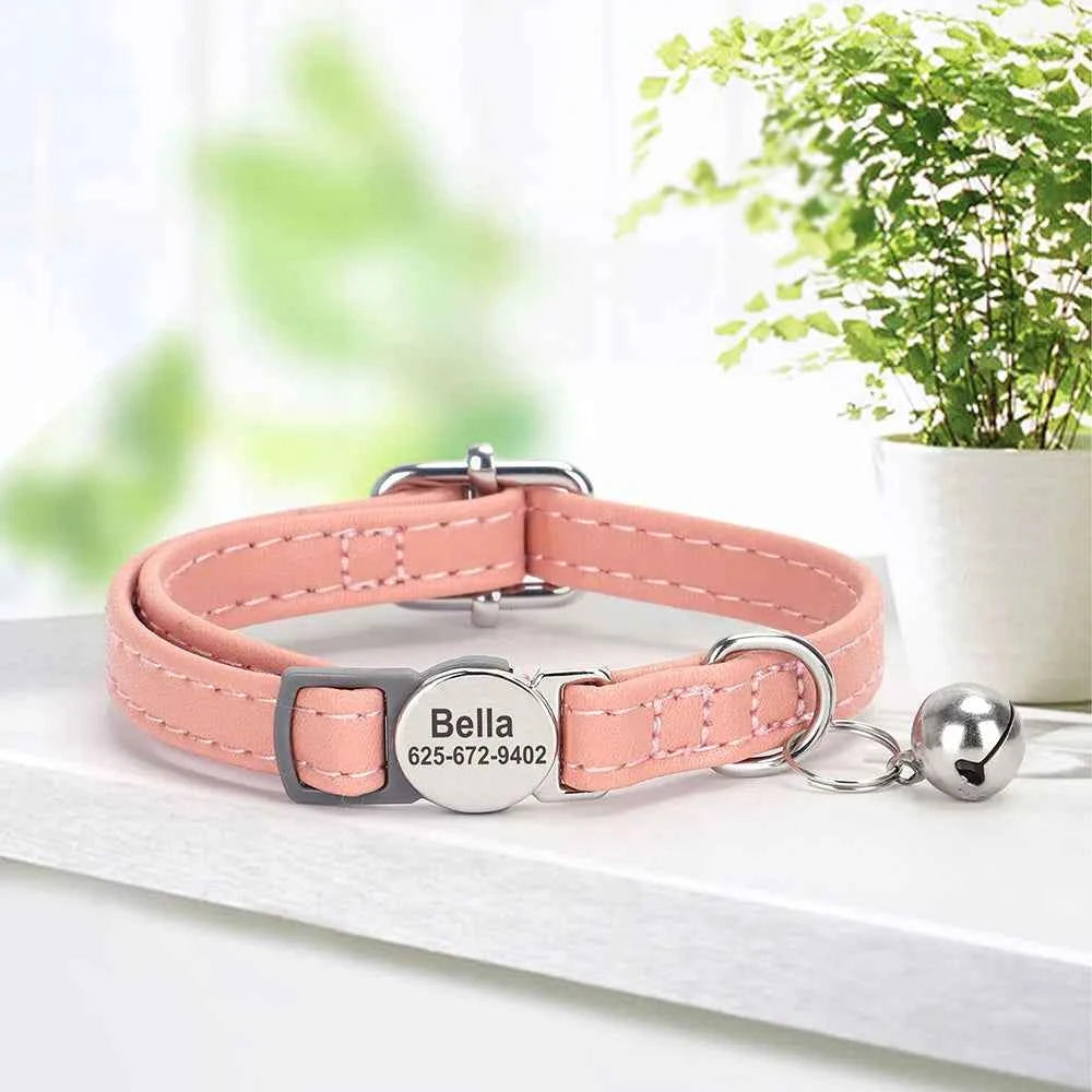 Custom Cat Collar Personalized PU Leather Kitten Puppy Collars Free Engraved ID Nameplate Necklace With Bell for cat Anti-lost