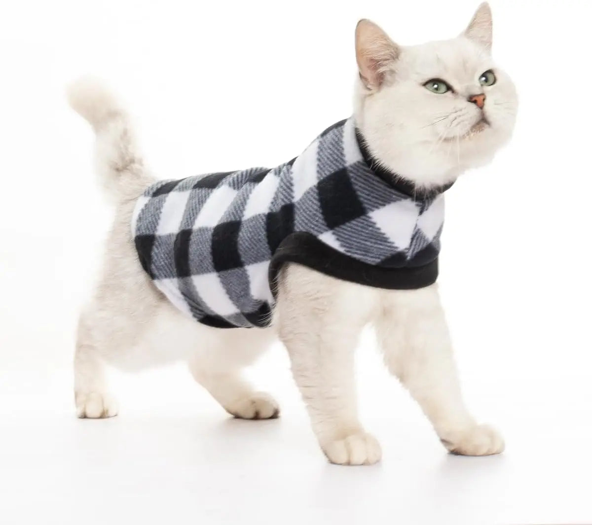 EXPAWLORER Plaid Cat Sweater Warm Fleece Hoodie Vest for Cats Small Dogs Fall Winter Coat Pullover Buffalo Check Clothing - Play Paws Toys