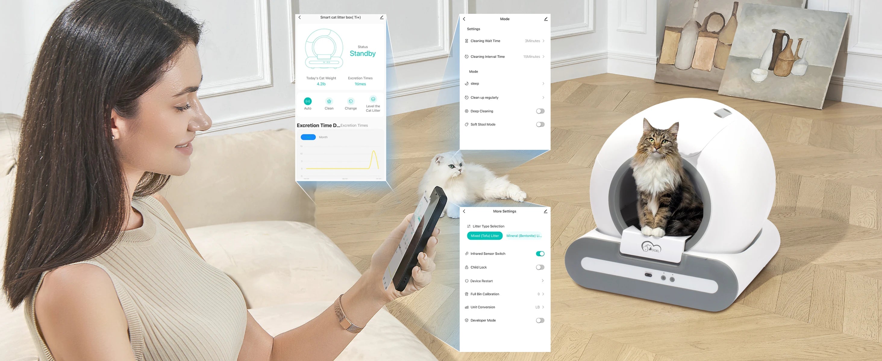 DOEL 65L Self-Cleaning Cat Litter Box App Control, ONLY Supports 2.4G WiFi w/Litter Mat&Trash Bags, Fit for Tofu & Mixed Litter - Play Paws Toys