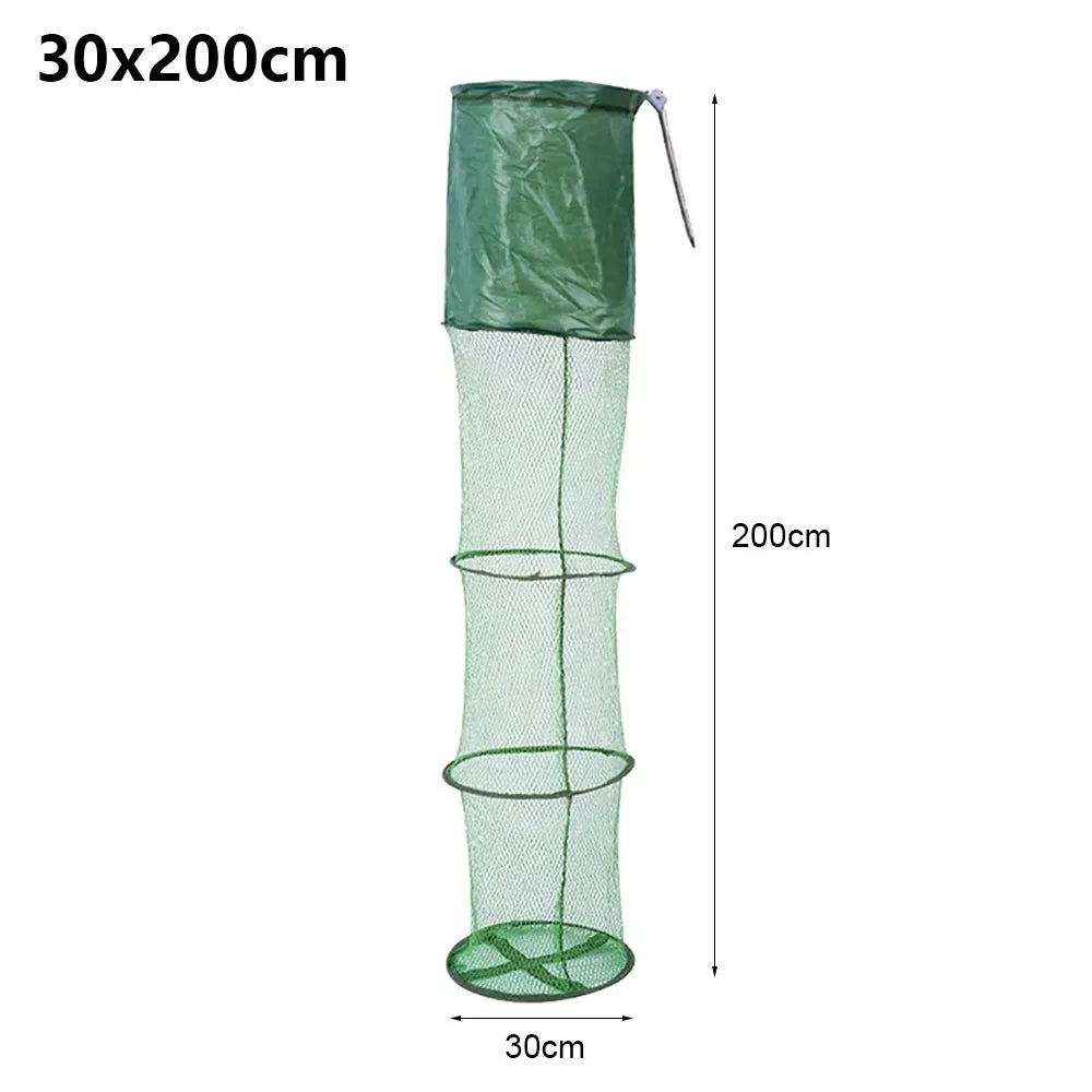 1Pcs 30x200cm Fish Cage Steel SUS Ring Nylon Mesh Fish Basket Waterproof Gluing Coating Quick Drying Live Fish Trap Net