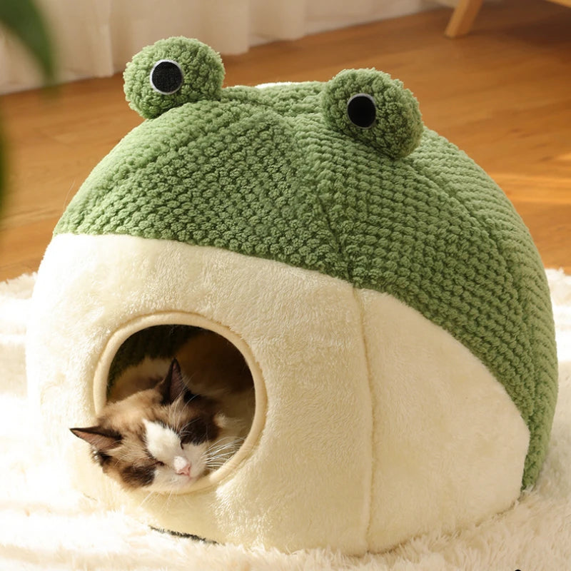 New Pet Nest Winter Warm Dog Den Cat Villa Plush Pets Mattress Small Frog Shape Semi Enclosed Kitten Puppy House Pet Supplies - Play Paws Toys