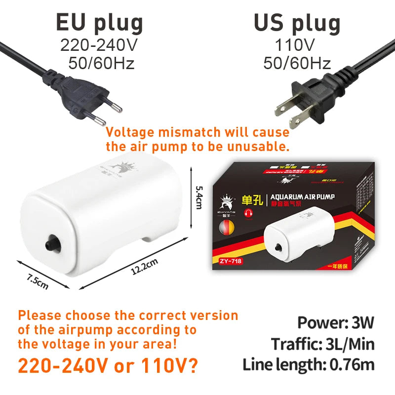 3W Silent Aquarium Air Pump Ultra Silent Fish Tank Air Compressor 220V-240V 110V Bubble Pump for Aquarium Oxygenation