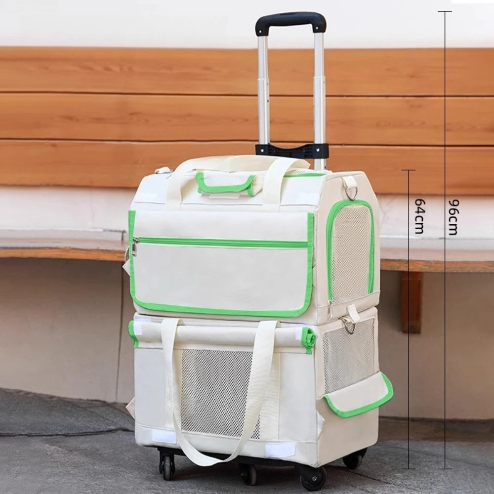 Double Layer Breathable Pet Carrier with Wheels Foldable Outdoor Travel Cat Trolley Case for Two Cats Portable Pet Trolley bag - Play Paws Toys