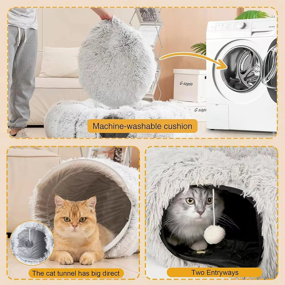 Winter New Arrival Plush Cat Tunnel Bed Foldable Two-in-One round Warmth Pet Nest Thickened Cozy Cuddly Cat Hideaway - Play Paws Toys