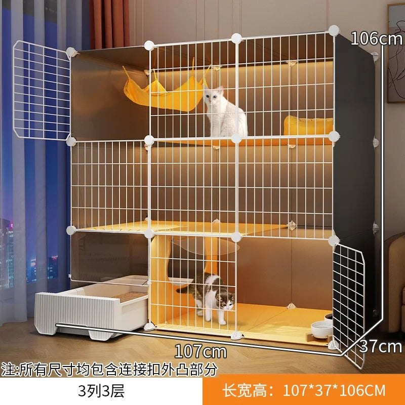 Large Cat Cages with Bed & Litter Box Indoor Multi-Level Cat House Spacious 3-in-1 Pet Villa Roomy Playpen with Resting Area - Play Paws Toys