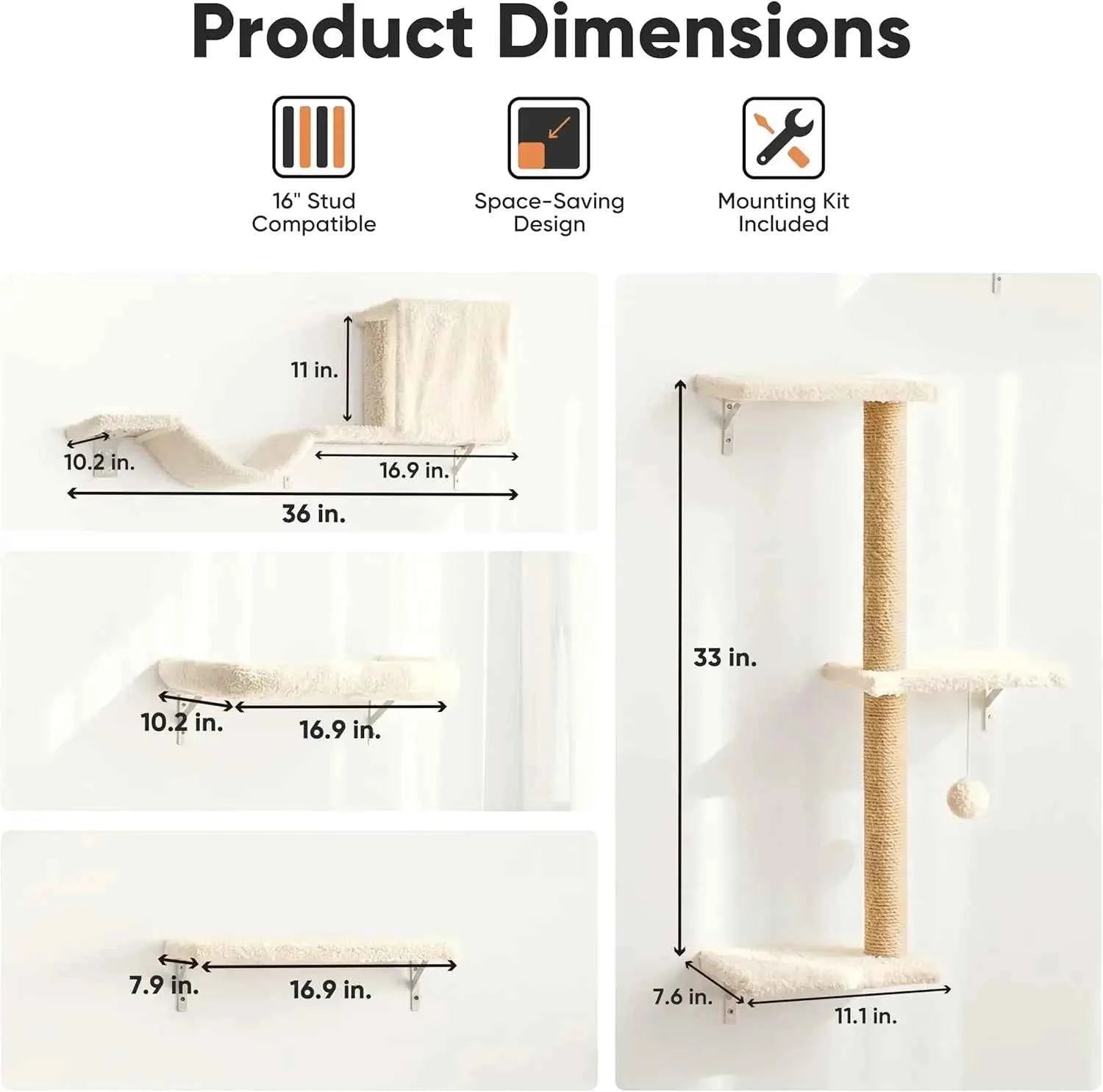 Cat Wall Shelves 5-in-1 Set, Stable & Safe Wooden Climbing Wall with Scratching Post for 16" Drywall - Beige