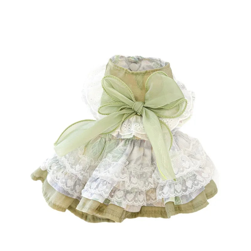 Elegant Bow Princess Dresses for Puppies Kittens Delicate Breathable Dog Dress Soft Cat Dress Spring/Summer Green Pet Clothing