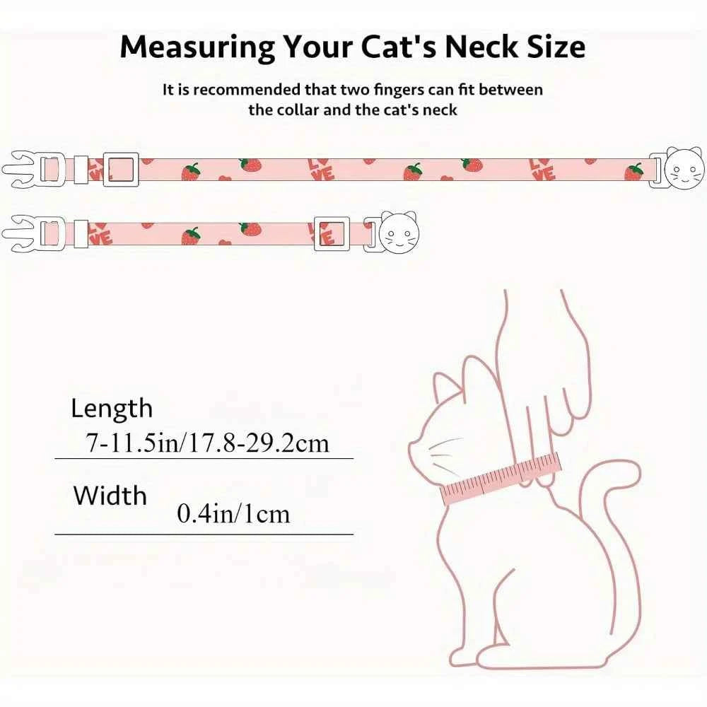 2 Pack Cotton Breakaway Cat Collar Pink Strawberries and White Heart Shaped Pendant Cute Kitten Cat Collar with Bell