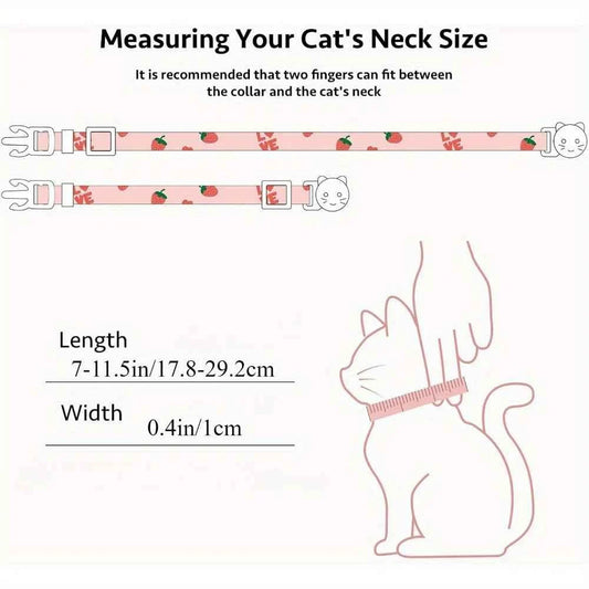 2 Pack Cotton Breakaway Cat Collar Pink Strawberries and White Heart Shaped Pendant Cute Kitten Cat Collar with Bell