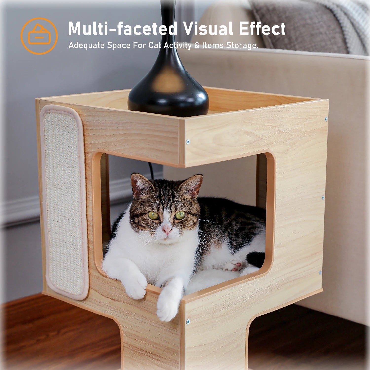 Wood Cat Condo House Bed with Removable Soft Mats Modern Cat Tree Tower with Scratching Pad Cat Scratcher Furniture Kitten Toys - Play Paws Toys