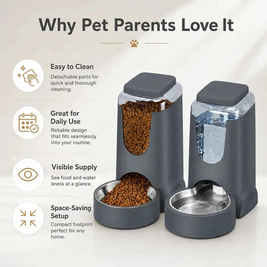 Automatic Pet Feeder Water Dispenser Set, Gravity Food and Water Station, Stainless Steel Bowl for Cats and Small Dogs，3.8L*2