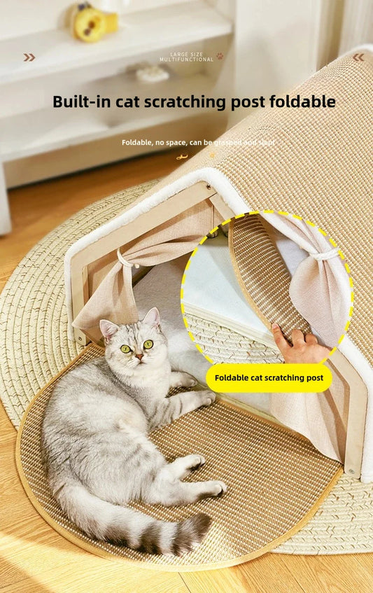 Cat nest Winter warm cat villa Cat house shell semi-enclosed sleeping bag cat scratching board does not drop scraps sisal cat te - Play Paws Toys