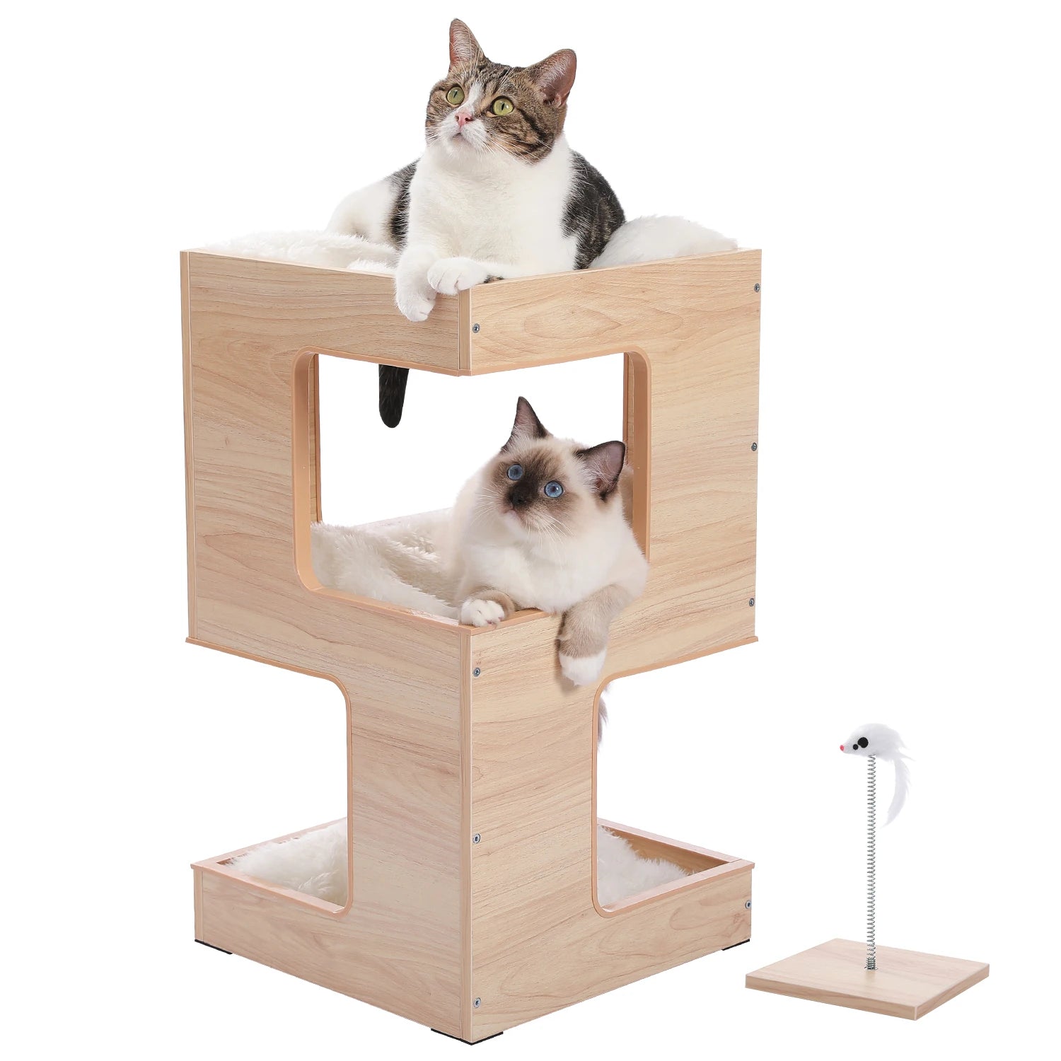 Wood Cat Condo House Bed with Removable Soft Mats Modern Cat Tree Tower with Scratching Pad Cat Scratcher Furniture Kitten Toys - Play Paws Toys