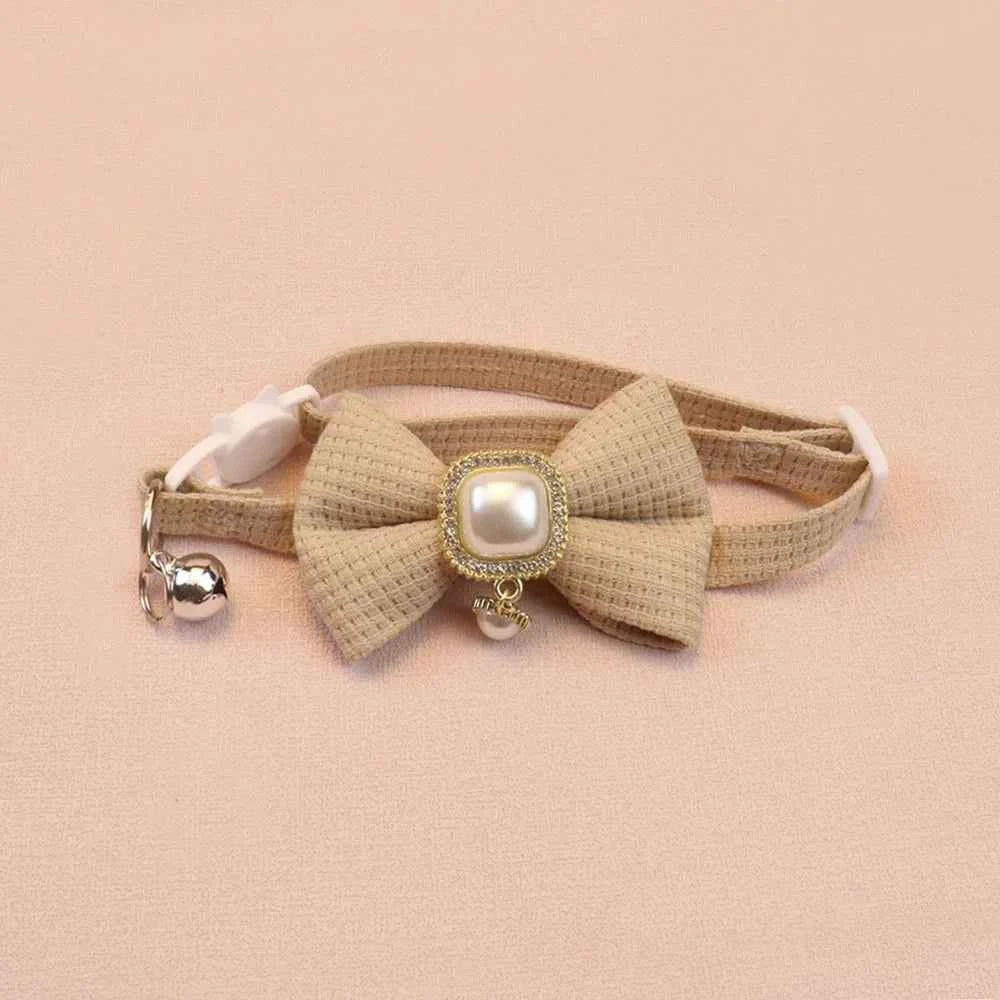 New Waffle Pet Collar Cute Bow Bell Cat Collar Retro Pearl Pendant Dog Collar Accessories