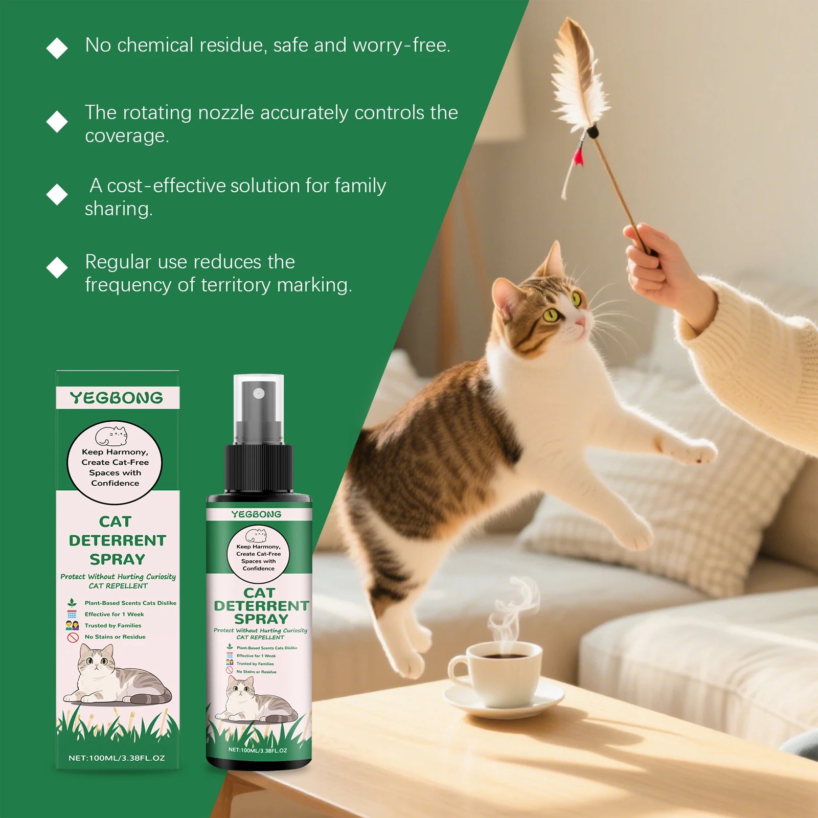 Yegbong Cat Deterrent Spray for Furniture Protection Against Scratching Couch Carpet Plants Pet Safe Training Aid for Cats 100ml