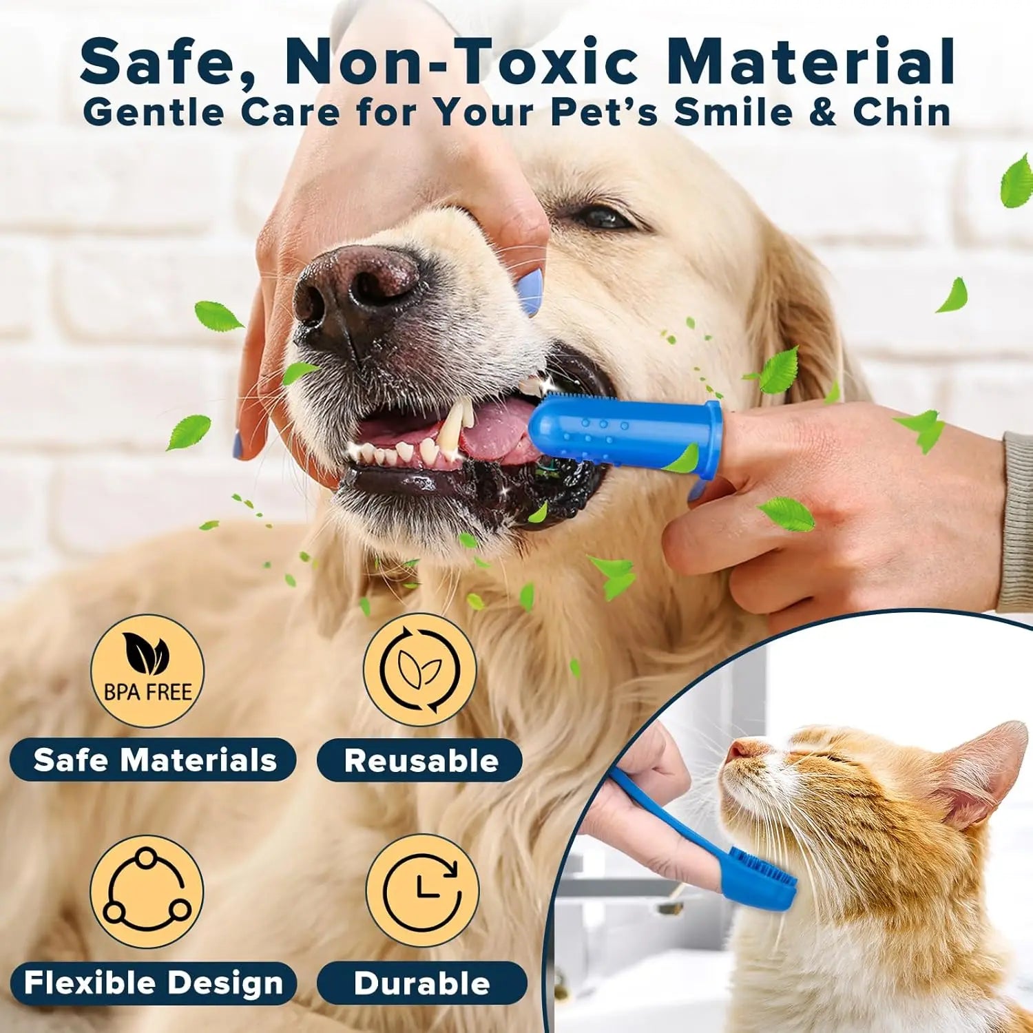 6PCS Pet Grooming Kit: Gloves, Bath Brush & Finger Toothbrush for Dogs Cats Horses (Navy Blue)