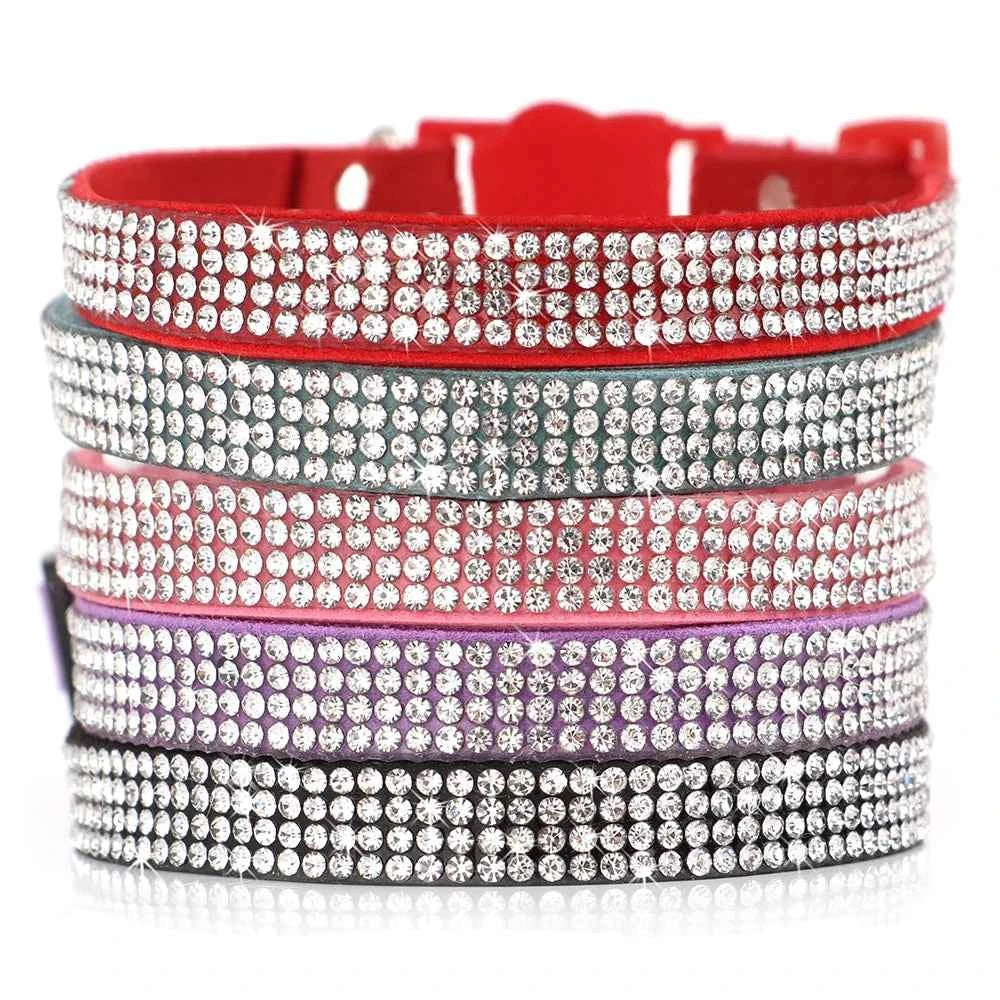 Soft Pink Suede Leather Cat Collar - Cute Bling Rhinestone Design, with Bell & Safety Breakaway Buckle, Adjustable XS/S Sizes
