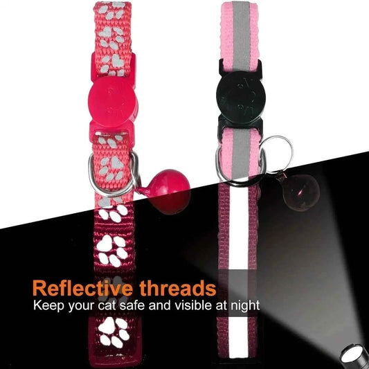 Custom Reflective Cat Collar - Personalized Name Tag & Bell Breakaway Adjustable Anti-Lost Design with Paw Print Collar for Cats
