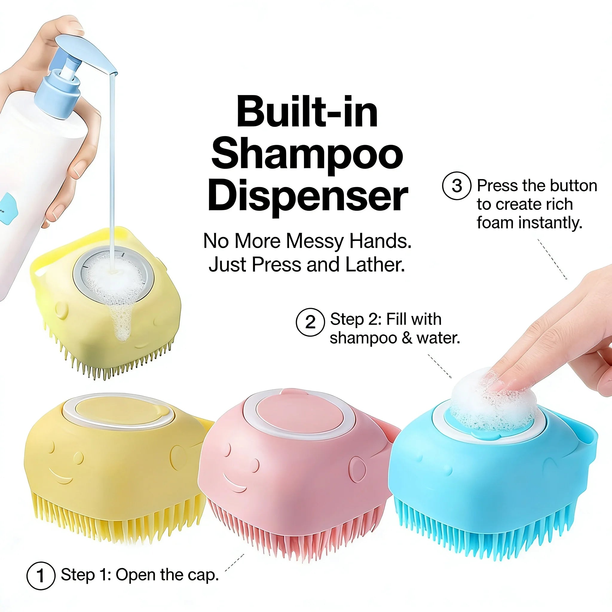 Pet Bath & Massage Brush 2-in-1 Silicone Dog Cat Grooming Tool with Shampoo Dispenser for Bathing Washing Sensitive Skin Puppies and Kittens
