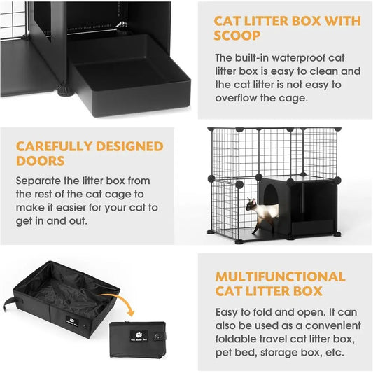 Cat Enclosure Indoor with Litter Box, 3-Tier Metal Wire Cat Cage, DIY Detachable Design for Cats, Kittens & Small Animals, Multi - Play Paws Toys