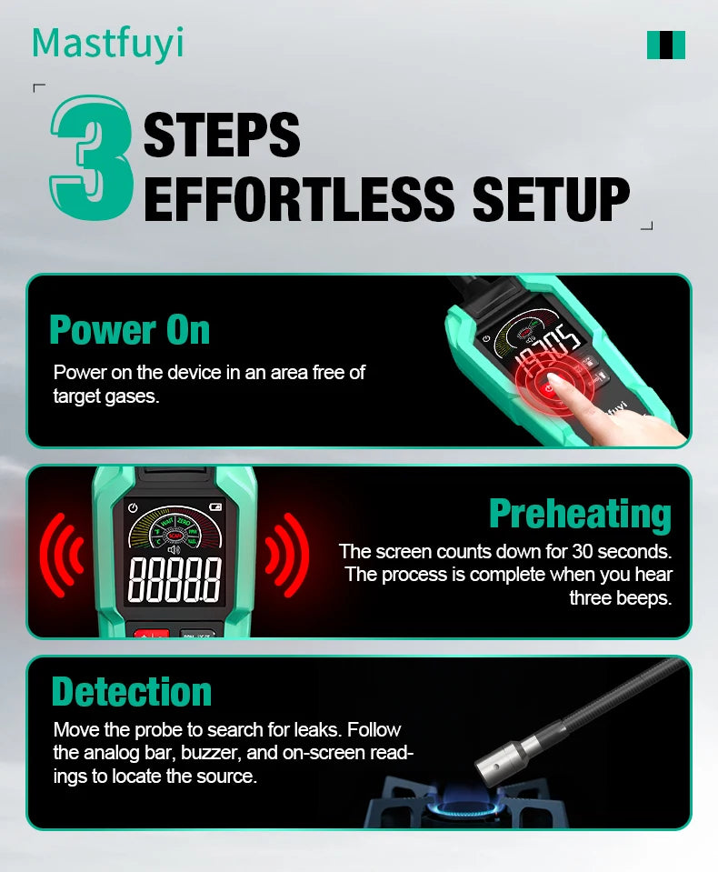 MASTFUYI FY8838 Professional Gas Leak Detector 0-9999PPM - Portable Combustible Gas Sniffer for Methane LNG Audio Visual Alarm