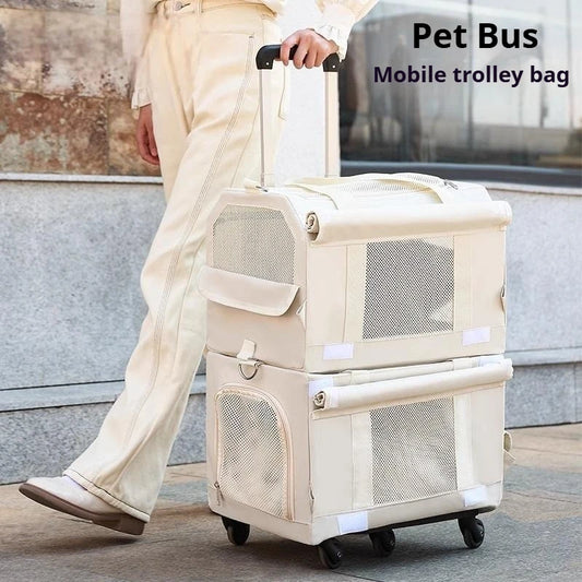Double Layer Breathable Pet Carrier with Wheels Foldable Outdoor Travel Cat Trolley Case for Two Cats Portable Pet Trolley bag - Play Paws Toys