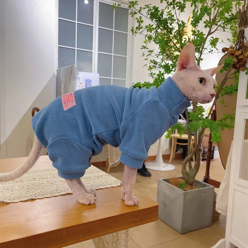 Fleece Coat for Sphynx Cat Warm Sweatshirt 4-legged Jumpsuit for Kittens Dogs soft Loungewear for Male Cat Devon Rex Sweater - Play Paws Toys