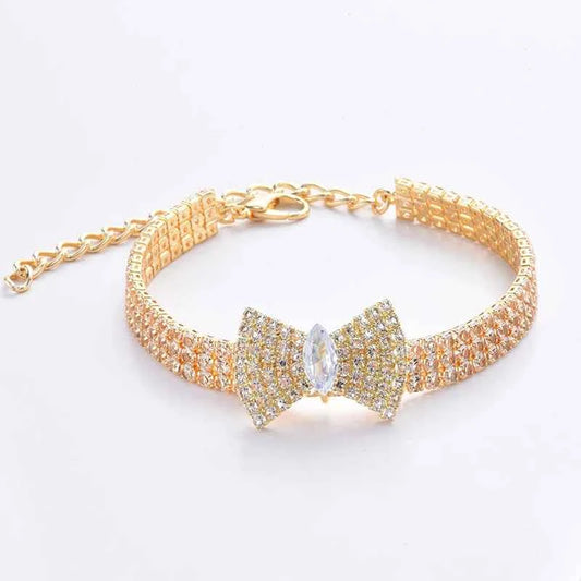 Zircon Bow Tie Chihuahua Dog Collar Rose Gold Lobster Button Cat Necklace With Package Box Adjustable All Season Pet Accessories