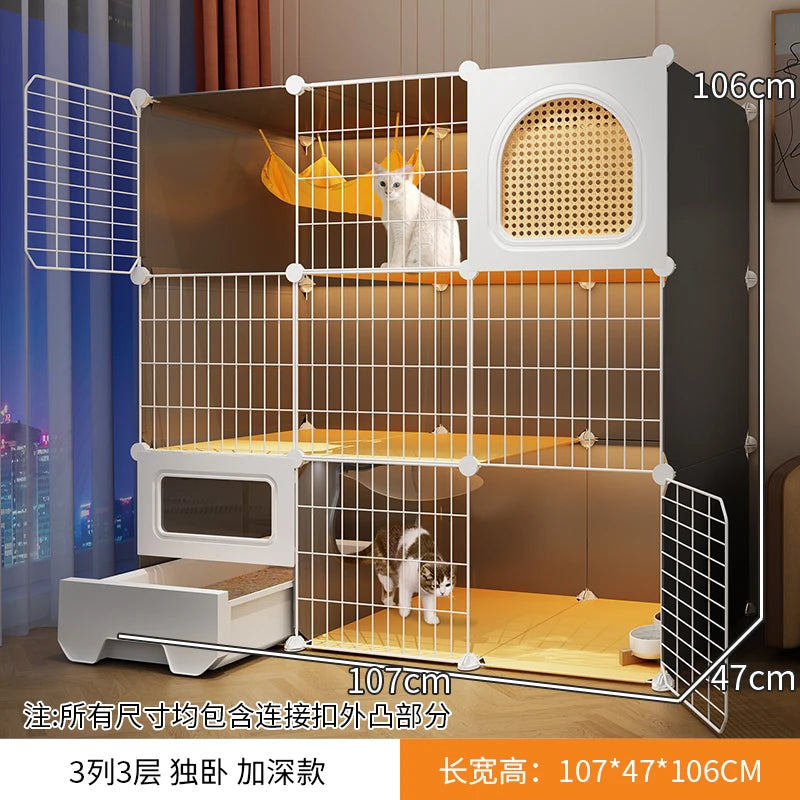Large Cat Cages with Bed & Litter Box Indoor Multi-Level Cat House Spacious 3-in-1 Pet Villa Roomy Playpen with Resting Area - Play Paws Toys