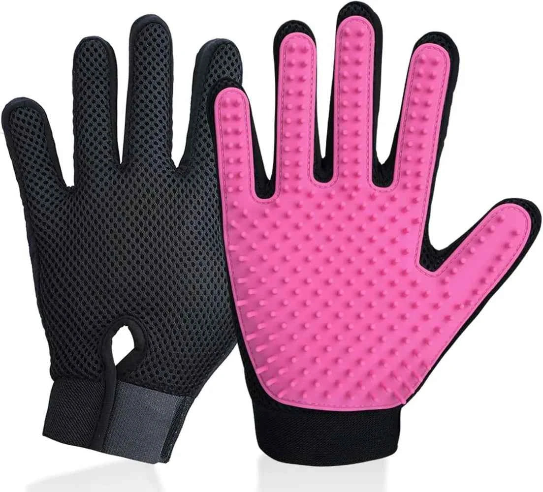 Silicone Pet Grooming Gloves – 255-Tip Hair Removal Mittens for Dogs & Cats, Works as Bath Brush, Pink