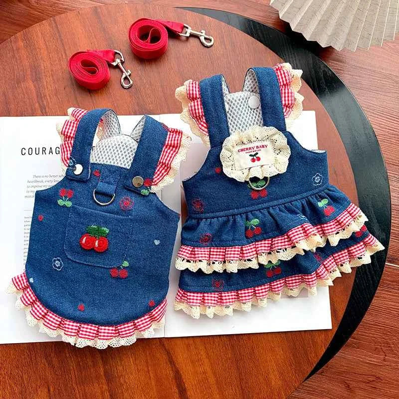 Dog Dress with leash Set Dog Clothes Chic Denim Costume  Cat Dog supplies  Soft Mesh Vest Puppy one piece