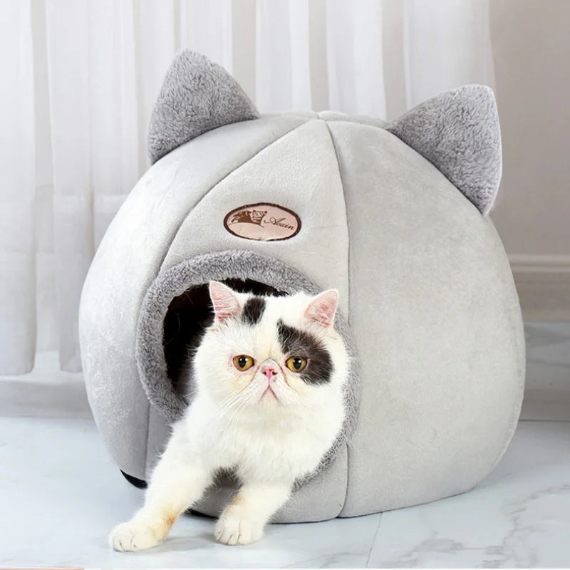 Winter Warm And Cold Proof Cat Bed Cozy Cat Cave Bed Cat Tent With Removable Cushion Pillow Cat Head Shape Cute Pet Supplies - Play Paws Toys