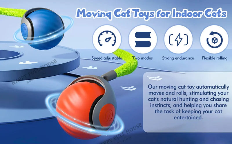 Interactive Cat Toy Balls, Automatic Toys for Cat with Replacement Tail, 2 Adjustable Modes, USB-Rechargeable Indoor Kitten Toy