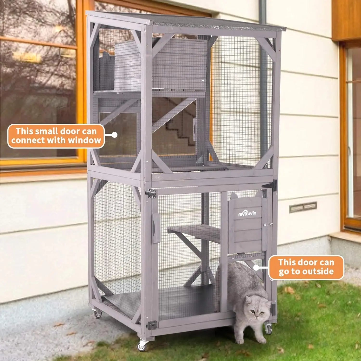 Indoor and Outdoor Cattery, Large Wooden Cat Cage with Wheels, 70.9-inch Upgraded Dog Cage with Reinforced Wooden Bars