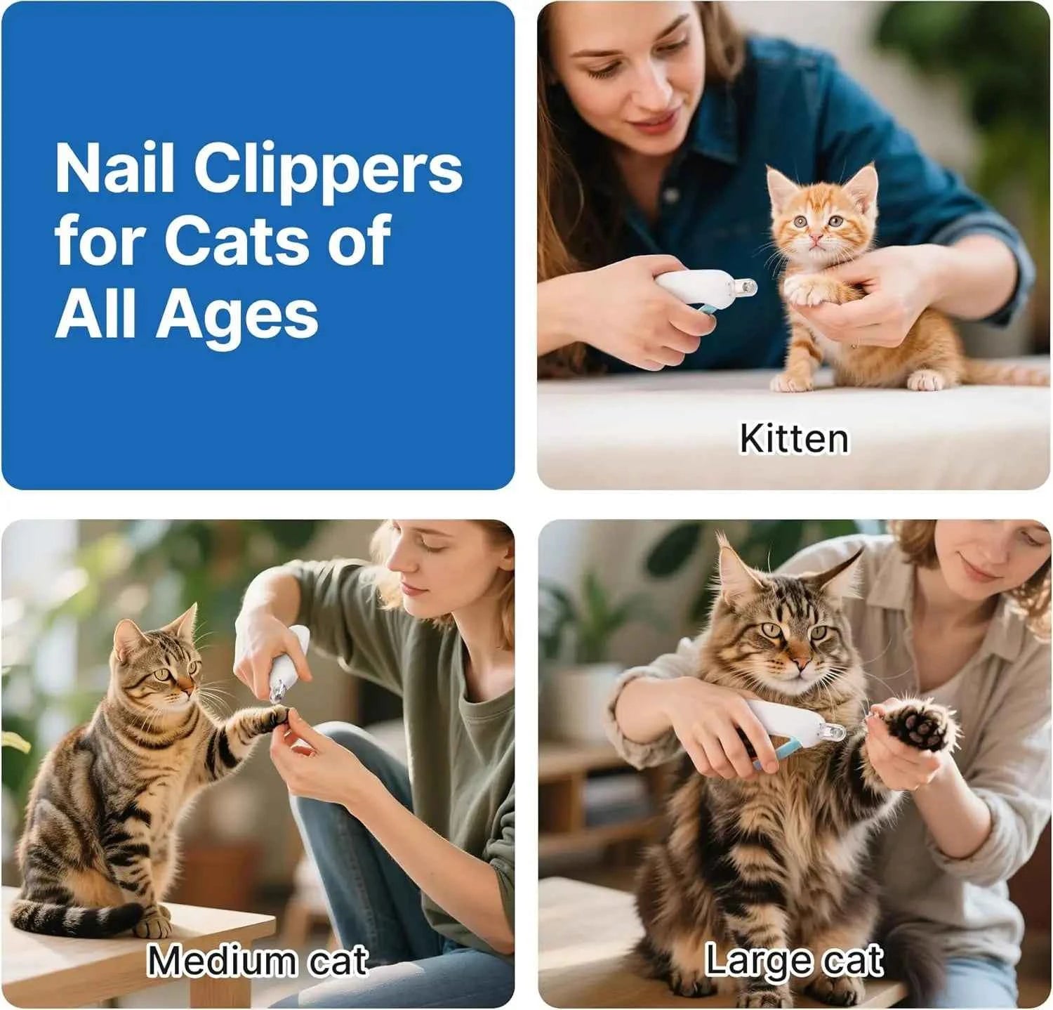 Cat Nail Clipper with 3-Size Trimming Hole & Hidden File, Safe Toenail Trimmer for Kittens & Indoor Cats, Anti-Splash Claw Cutter (Blue)