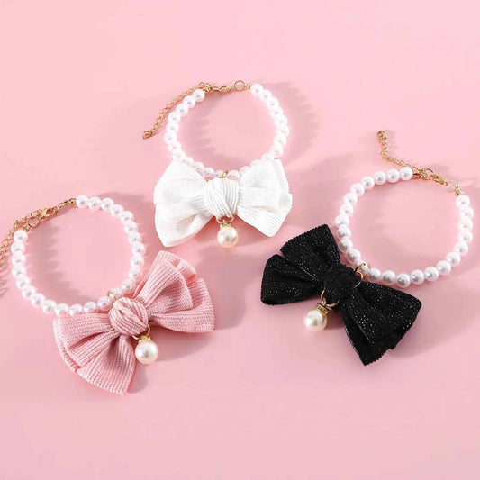 Pet Pearl Diamond Bow Necklace Princess Style Bow Tie Pendant Birthday Cat Puppy Collar
