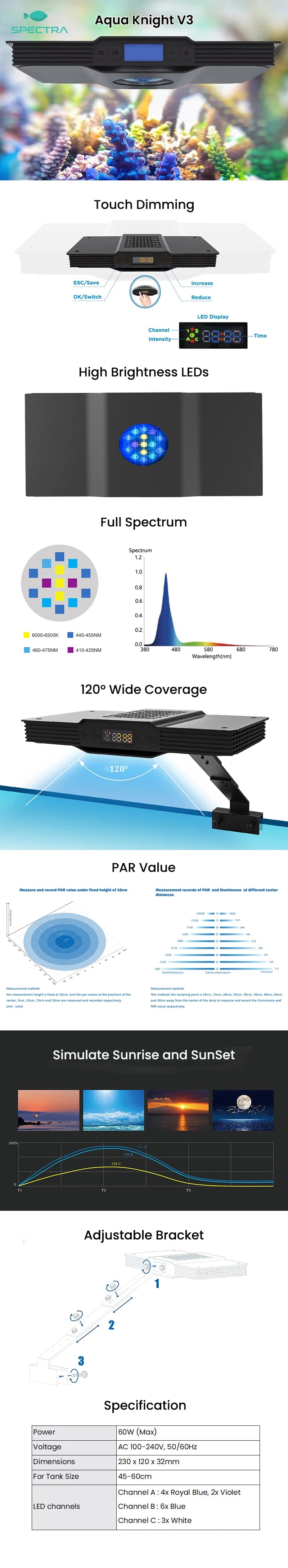 Spectra Aqua Knight V3 Full Spectrum Programmable Sunrise Sunset 60W Saltwater Fish Tank LED Coral Reef Aquarium Light