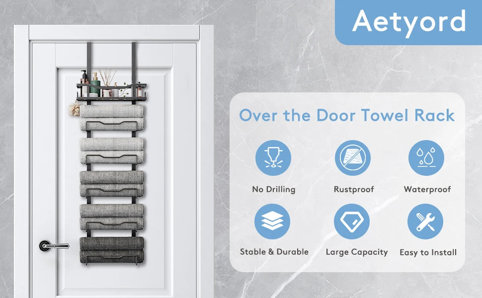 Hanging Towel Racks For Bathroom No Drill - 6-Tier Over The Door Bath Towel Storage Organizer For Small Bathrooms - Tiered Back