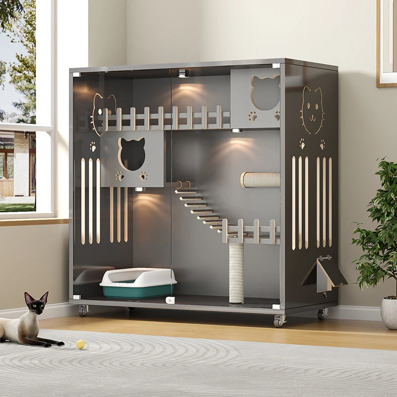 Customizable Luxury Wooden Cat Villa Big Pet Play Cage House for 2 Cats for Indoors Living Room - Play Paws Toys